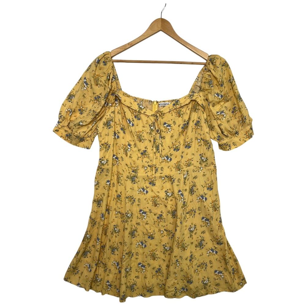Reformation Mini Dress Womens 16 Yellow Floral Puff Sleeve Smocked Prairie Boho - Picture 1 of 11